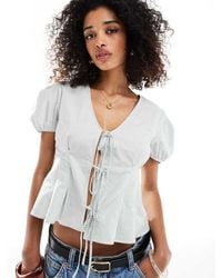 ASOS - Tie Front Puff Sleeve Top - Lyst