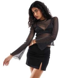 ASOS - Doorschijnende Top Van Mesh Met Uitlopende Mouwen En Glitter - Lyst