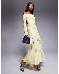 ASOS - Stretch Chiffon Long Sleeve Bardot Maxi Dress With Ruffle Hem - Lyst