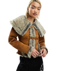 Reclaimed (vintage) - Fitted Faux Suede Jacket With Faux Fur Trim And Buckles - Lyst