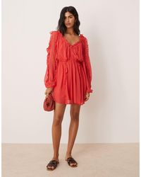 ASOS - Ruffle V Neck Mini Dress With Tie Front - Lyst