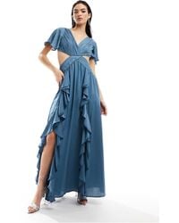 ASOS - Satin Ruffle Flutter Sleeve Maxi Dress With Cut Out Waist - Lyst