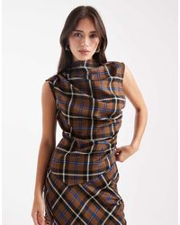 ASOS - Top Marrón A Cuadros Sin Mangas Con Cuello Alto Y Detalle Fruncido De (Parte De Un Conjunto) - Lyst