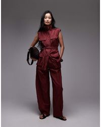 Mango - Pantalones Burdeos De Pernera Ancha De Algodón Texturizado Rugoso Capsule De (Parte De Un Conjunto)-Rojo - Lyst