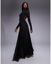 ASOS - Doorschijnende Maxi-Jurk Met Lange Mouwen, Kanten Inzetstuk Met Godetplooien En Body - Lyst