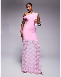Kaiia - Exclusive Double Layered Slinky Twist Off Shoulder Asymmetric Sheer Lace Skirt Maxi Dress - Lyst