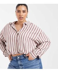 ONLY - Cropped Overhemd Van Linnenmix Met Rode Strepen - Lyst