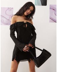 Princess Polly - Bardot Mini Jurk Van Chiffon Met Gestrikte Voorkant En Ruches - Lyst