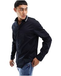 Armani Exchange - Logo Tipped Knit Collar Cotton Poplin Shirt - Lyst