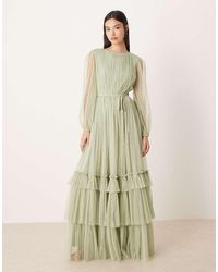LACE & BEADS - Bridesmaid Crew Neck Sheer Sleeve Tiered Maxi Dress - Lyst