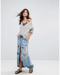 One Teaspoon Denim Maxi Skirt With Slit And Distressing - Blue