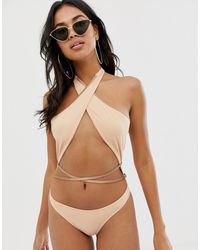 ASOS Costume da bagno sgambato con incrocio sul collo color visone chiaro - Marrone