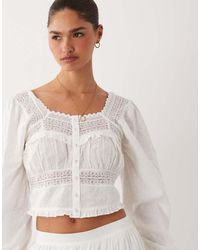 Nobody's Child - Lola Cotton Square Neck Puff Sleeve Lace Insert Top - Lyst