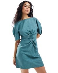 ASOS - Linen-look Flutter Sleeve Mini Dress With Ruching Detail - Lyst