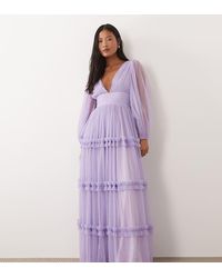 LACE & BEADS - Tulle V-neck Balloon Sleeve Maxi Dress - Lyst
