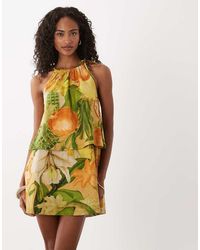 ASOS - Tie Neck Baby Doll Printed Mini Dress - Lyst
