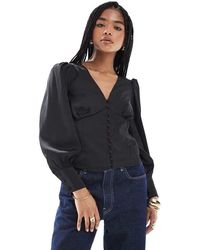 Glamorous - V-Neck Button Front Blouse - Lyst