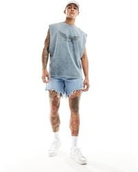 ASOS - Mid Length Slim Denim Shorts With Heavy Ripped Hem - Lyst