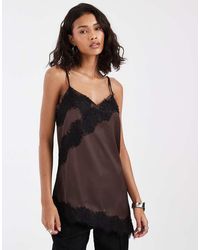 Pieces - Asymmetric Lace Trim Satin Cami Top - Lyst