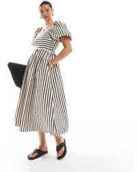 New Look - Midi-Jurk Met Pofmouwen En Strepen - Lyst