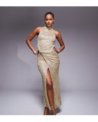 ASOS - Asos Design Tall Sequin High Neck Midi Dress With Twisted Cowl Skirt Detail - Lyst