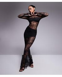 Wanderdoll - Wander Doll Britney High Neck Lace Bodysuit And Drape Detail Maxi Skirt Set - Lyst