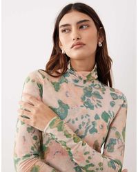 ARRANGE - Hoogsluitende Top Van Premium Mesh Met Abstracte Bloemenprint En Lange Mouwen - Lyst