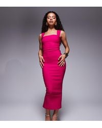 Vesper Petite - Vestido Semilargo Rosa Con Tirantes Anchos Y Cuello Cuadrado De Bengalina De - Lyst