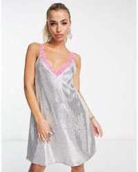 Flounce London - Mini Metallic Sparkle Cami Dress With Contrasting Lace Trim-silver - Lyst
