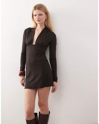 Weekday Mini Long Sleeve Linen Blend Dress in Natural | Lyst UK