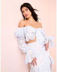 ASOS - Beach Co-ord Off Shoulder Broderie Top With Front Tie - Lyst