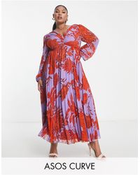 ASOS - Asos Design Curve - Diepuitgesneden Midi-jurk Met Geplooid Lijfje En Bloemenprint - Lyst