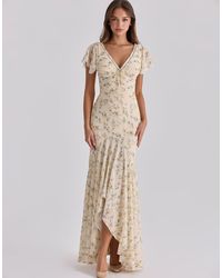 House Of Cb - Amina Lemon Floral Print Georgette Maxi Tea Dress - Lyst
