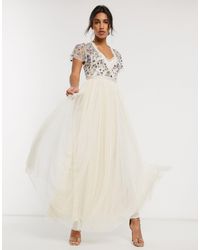 needle & thread embellished tiered tulle maxi dress in rouge