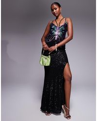 Goddiva - Sequin Butterfly Front Split Maxi Dress - Lyst