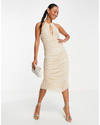 ASOS - Pearl And Diamante Ruched Mesh Midi Dress - Lyst