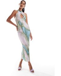 ASOS - – plissee-midikleid mit abstraktem print, schlüssellochausschnitt und verdrehtem detail - Lyst