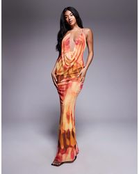 ASOS - Printed Mesh Strappy One Shoulder Maxi Dress - Lyst