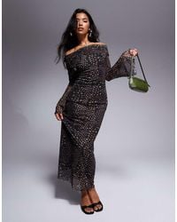 ASOS - Vestido Midi Oscuro De Manga Larga Con, Escote Bardot Y Bordes Ondulados De Malla De - Lyst