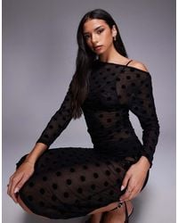 ASOS - Top Con Hombro Caído Y Patrón De Lunares Flocados De Malla Transparente De - Lyst
