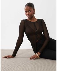 ASOS - Sheer Crew Neck Button Down Long Sleeve Top With Split - Lyst