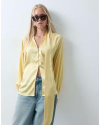 ASOS - Satin Tie Cuff Tie Neck Button Down Blouse - Lyst