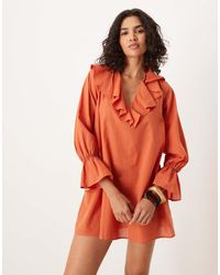 ASOS - Vestito Corto A Maniche Lunghe Color Ruggine Con Volant E Scollo A V - Lyst