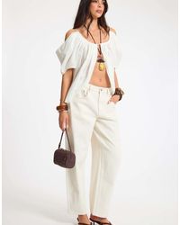 Missy Empire - Linen Ruched Off Shoulder Split Front Top - Lyst