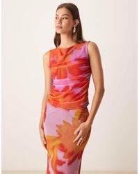 ASOS - Top Con Estampado Floral Tropical Extragrande Y Cuello Barco De Malla De (Parte De Un Conjunto) - Lyst