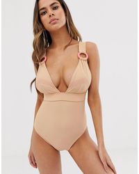 ASOS Grote Cupmaten - Gerecyceld Exclusieve Diepuitgesneden Badpak Met Contrasterend Stiksel En Ring Cupmaat Dd-g - Naturel