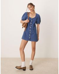 ASOS - Denim Button Through Mini Dress With Puff Sleeves - Lyst