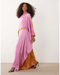 Iyal - Satin Contrast Bell Sleeve Maxi Belted Kaftan Dress - Lyst