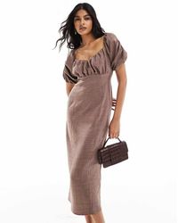 ASOS - Midi-Jurk Met Volumineuze Mouwen En Gerimpeld Lijfje - Lyst