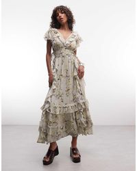 AllSaints - Canto Ruffle Tiered Floral Midi Dress Pale - Lyst